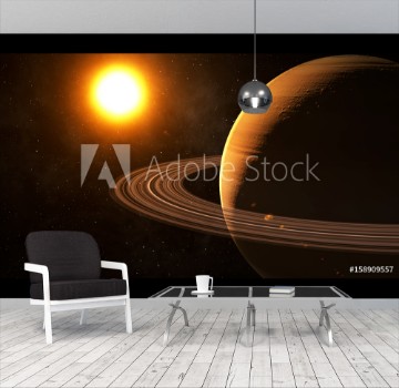Picture of The sun shines on Saturn in space high quality 3d illustration
